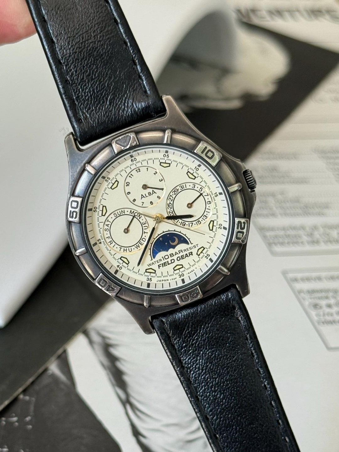 Vintage Seiko Alba Moon Phase 90's Field Gear Black Oxidized