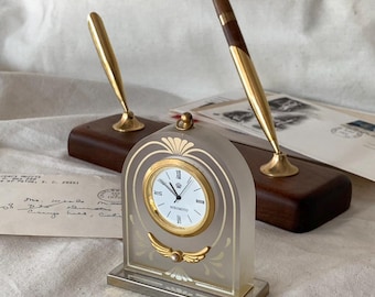 Mikimoto International Pearl Desk Clock-Resin, Gilt-Art nouveau style