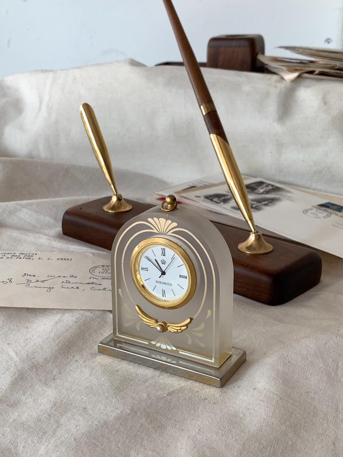 Mikimoto International Pearl Desk Clock-resin, Gilt-art Nouveau