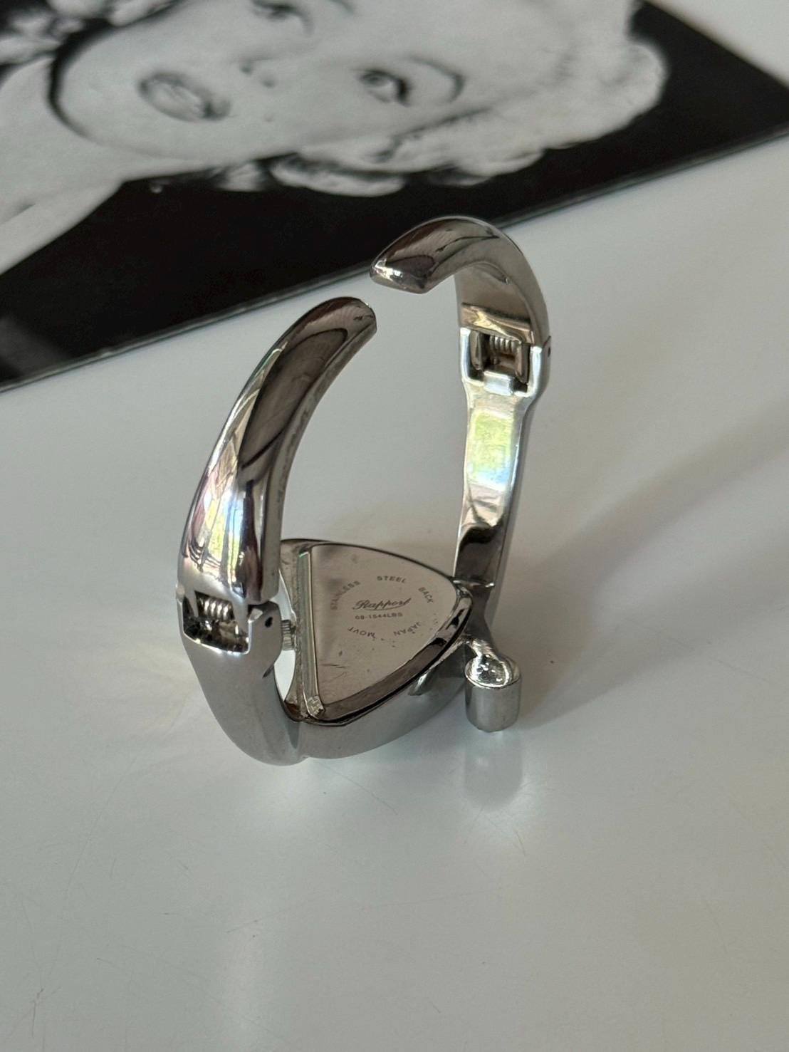 Vintage Hematite Bangle Cuff Watch: Triangle Art Design