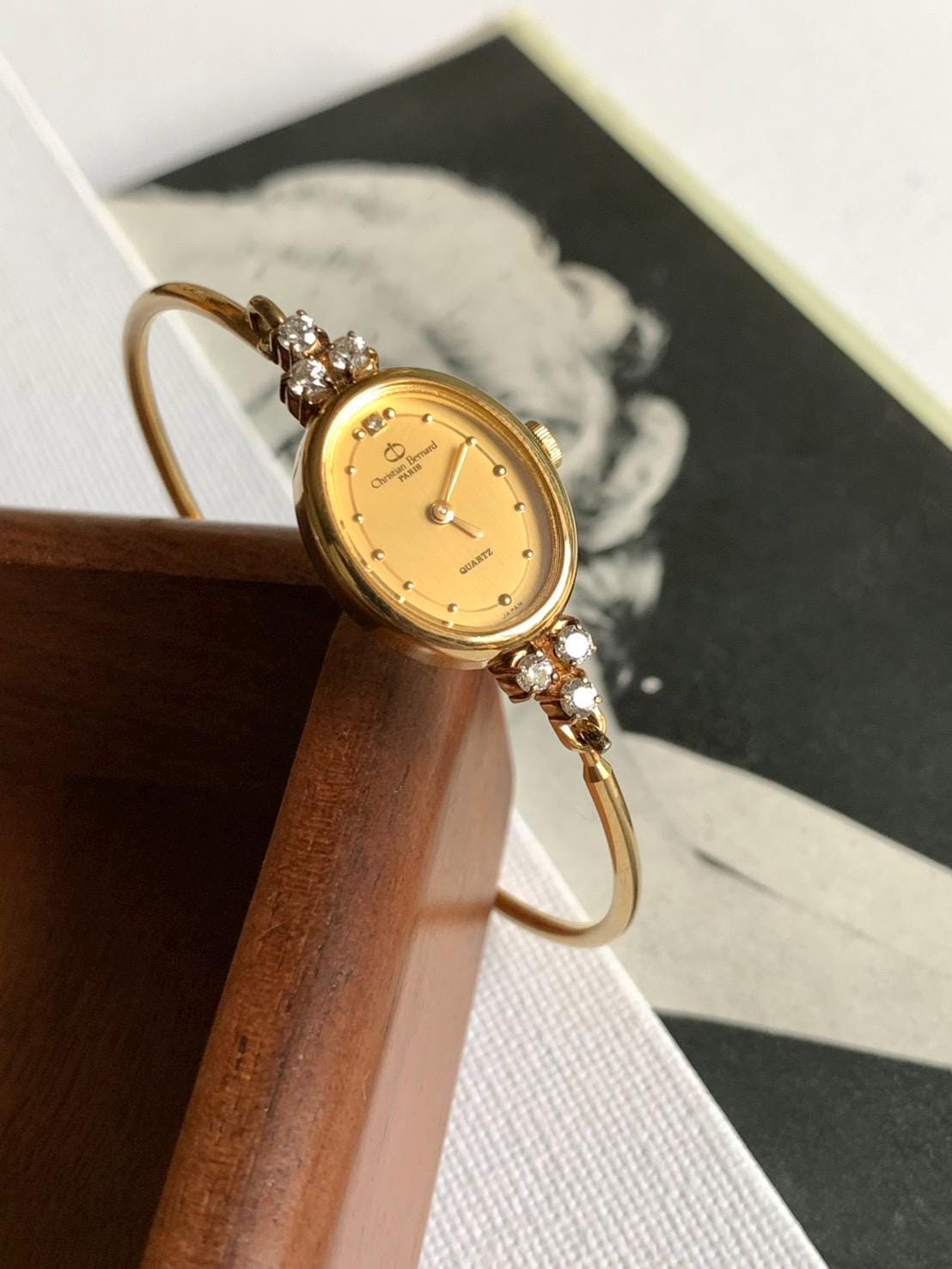 Vintage Christian Bernard Gold Tone Metal Women Watch, Cuff Bangle