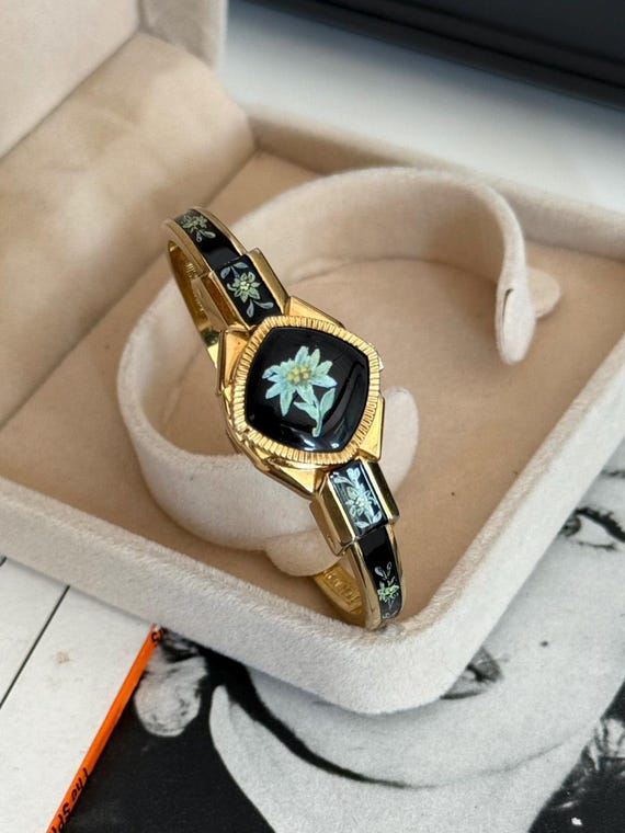 Gold-Tone Floral Bracelet Watch with Black Dial Elgin Vintage Women main image 4