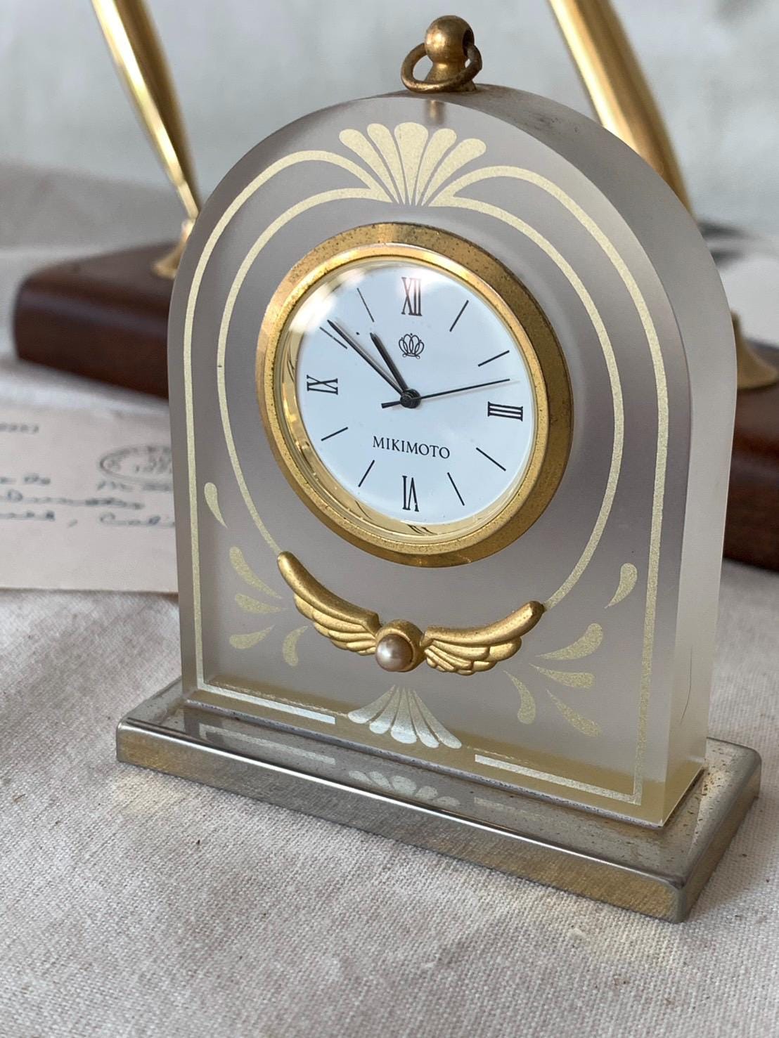 Mikimoto International Pearl Desk Clock-resin, Gilt-art Nouveau