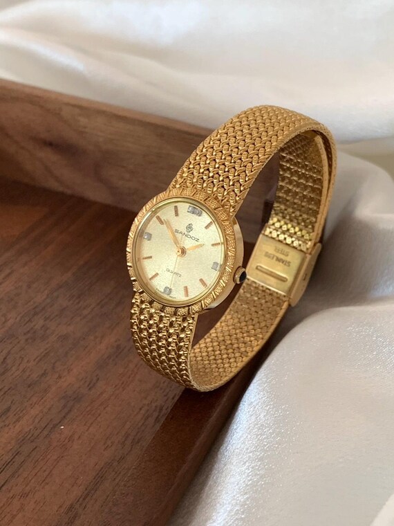 SANDOZ Swiss VINTAGE Ladies 14k gold plated petite face mesh band watch RUNS! ⏱️ SOLD ] Sandoz Quartz Swiss Movement Quartz Mesh Chain 10/10  main image 3