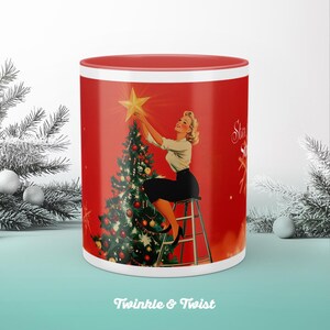 Christmas mug, Vintage Christmas Mug, Tree Trimming Design, Christmas Gift Idea, Stocking Stuffer, Retro Holiday Decor, Mug for the Holidays