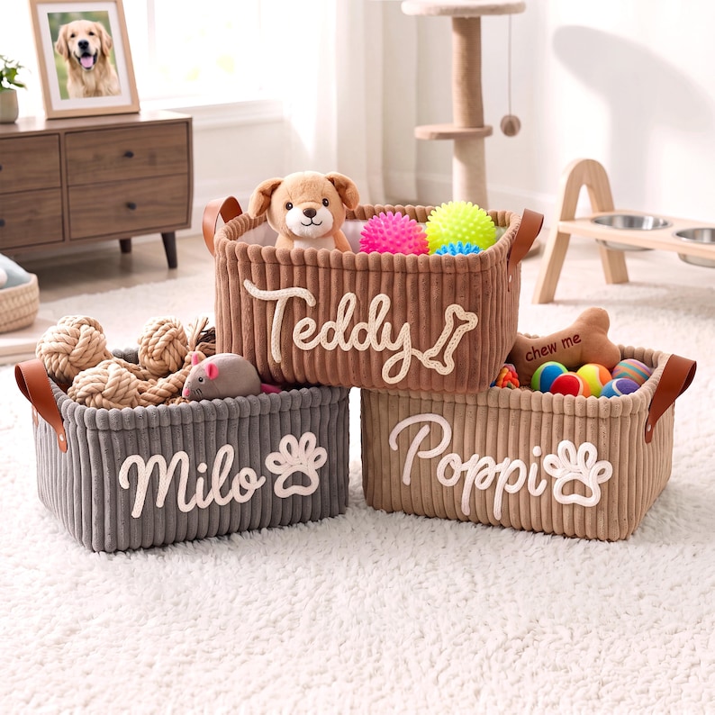 Personalized Dog Toy Basket - Corduroy Pet Organizer with Name, Gift for New Dog Owners image 9