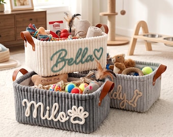 Cestino portagiochi personalizzato per cani - Organizer per animali domestici in velluto a coste con nome, regalo per chi ha appena adottato un cane.