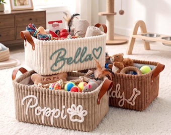 Personalized Dog Toy Basket - Corduroy Pet Organizer with Name, Gift for New Dog Owners
