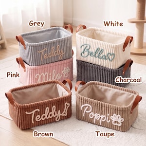 Personalized Dog Toy Basket - Corduroy Pet Organizer with Name, Gift for New Dog Owners image 3