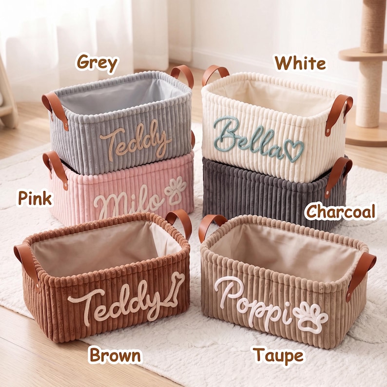 Personalized Dog Toy Basket - Corduroy Pet Organizer with Name, Gift for New Dog Owners image 3