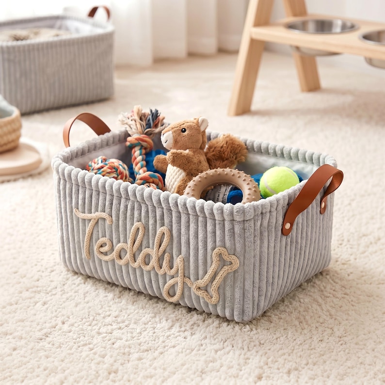 Personalisierter Hundespielzeugkorb – Haustier-Organizer aus Cord mit Namen, Geschenk für neue Hundebesitzer Bild 11