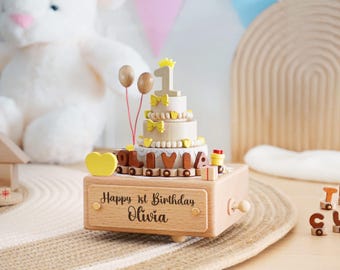 Boîte à musique en bois avec nom personnalisé, cadeau de train de gâteau de 1er anniversaire pour baby shower