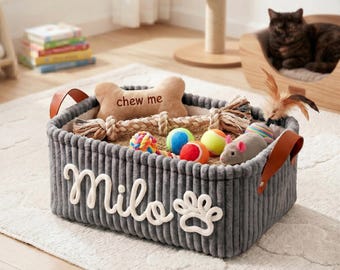 Personalized Pet Storage Basket - Corduroy Cat Organizer with Name, Custom Dog Toy Bin