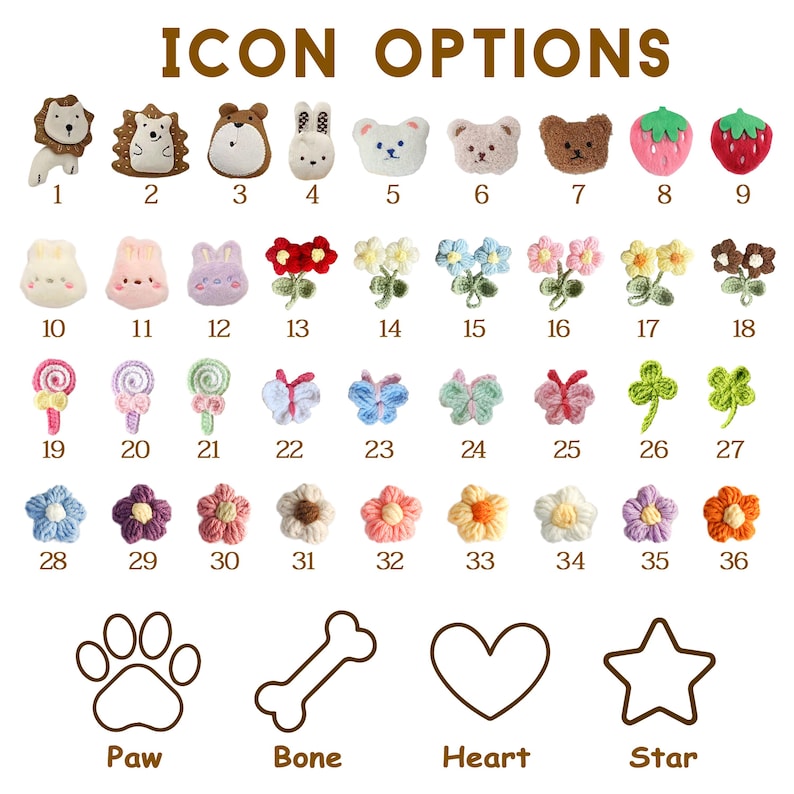 K&ouml;nnte beinhalten: Eine Sammlung von 36 kleinen gestickten oder pl&uuml;schigen Symbolen mit der &Uuml;berschrift ICON OPTIONS, die Tiere, Blumen, Schmetterlinge und S&uuml;&szlig;igkeiten zeigen, gefolgt von vier umrissenen Formen namens Paw, Bone, Heart und Star in einem Raster.