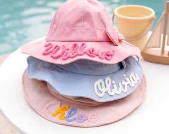 Chapeau de soleil personnalisé pour enfant avec noeud, chapeau de bob pour tout-petit avec nom personnalisé