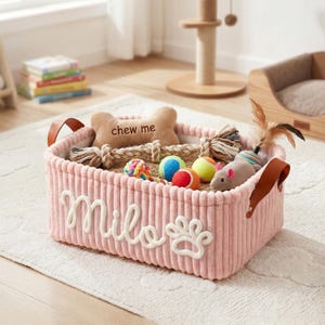 Personalized Pet Storage Basket - Corduroy Cat Organizer with Name, Custom Dog Mom Gifts