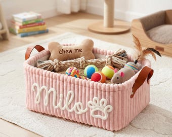 Personalized Pet Storage Basket - Corduroy Cat Organizer with Name, Custom Dog Mom Gifts