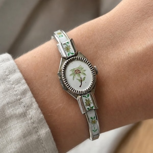Zeldzame Curtis Geneve Peek-a-boo geëmailleerd armbandhorloge met bloemen, 18,8 mm verborgen wijzerplaat, Swiss Made