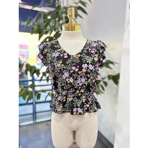 Floral Ruffle Sleeve Top - Black, Purple, Yellow
