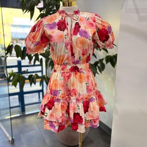 Floral Puff Ärmel Rüschen Mini Kleid