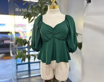 Ruched Sweetheart Peplum Blouse – Puff Sleeve Woven Top