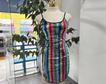Rainbow Stripe Sequin Bodycon Mini Dress