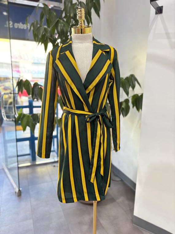 Striped Belted Blazer Dress with Lapel Collar