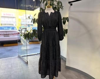 Elegant Black Long Sleeve Maxi Dress with Smocked Waist & Subtle Print