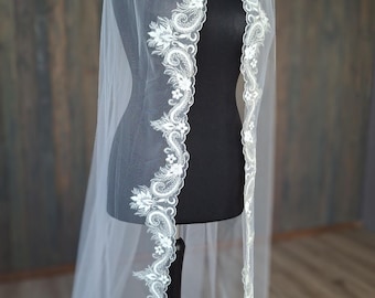 Lace veil trim with chantilly lace veil Floor length veil mantilla veil with with sparkling lace Wedding veil with lace trim veil