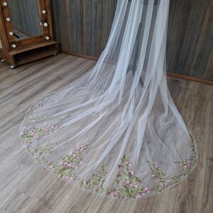 Vibrant bridal veil wild flowers embroidered floral veil wildflower Colorful fine veil Flowery Cathedral custom length veils from Ukraine image 7