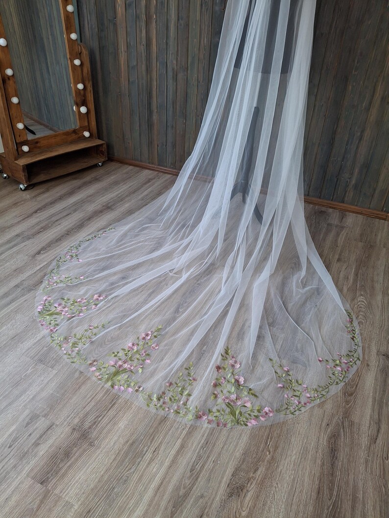 Vibrant bridal veil wild flowers embroidered floral veil wildflower Colorful fine veil Flowery Cathedral custom length veils from Ukraine image 7