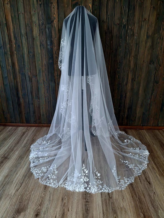 Velo a goccia Mantilla con velo da sposa floreale, velo lungo