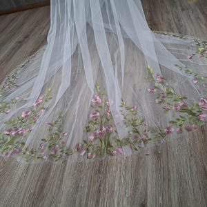 Vibrant bridal veil wild flowers embroidered floral veil wildflower Colorful fine veil Flowery Cathedral custom length veils from Ukraine image 3