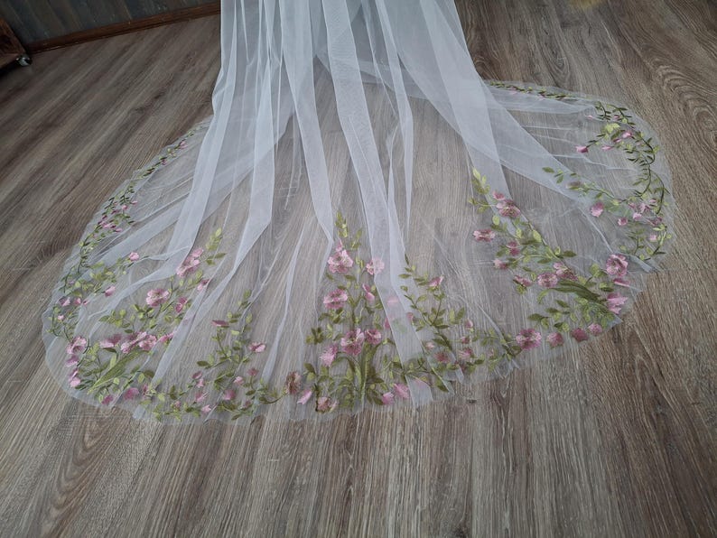 Vibrant bridal veil wild flowers embroidered floral veil wildflower Colorful fine veil Flowery Cathedral custom length veils from Ukraine image 3