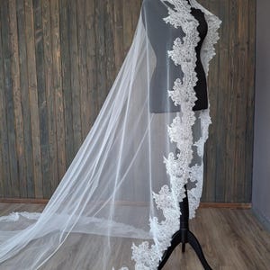 May include: A white bridal veil with a delicate lace trim. The veil is long and flowing, with a scalloped edge.