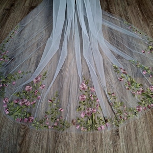 Vibrant bridal veil wild flowers embroidered floral veil wildflower Colorful fine veil Flowery Cathedral custom length veils from Ukraine image 1