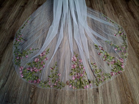 Vibrant bridal veil wild flowers embroidered floral veil wildflower Colorful fine veil Flowery Cathedral custom length veils from Ukraine