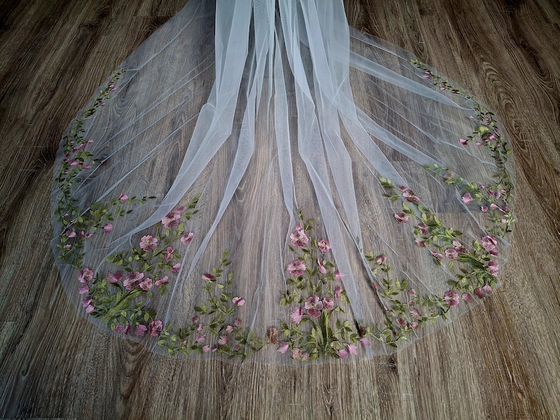 Vibrant bridal veil wild flowers embroidered floral veil wildflower Colorful fine veil Flowery Cathedral custom length veils from Ukraine image 1