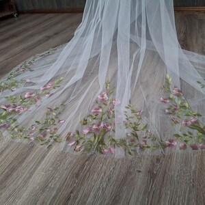 Vibrant bridal veil wild flowers embroidered floral veil wildflower Colorful fine veil Flowery Cathedral custom length veils from Ukraine image 4