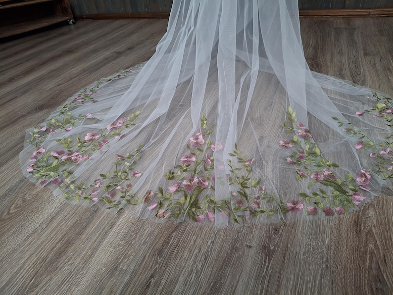 Vibrant bridal veil wild flowers embroidered floral veil wildflower Colorful fine veil Flowery Cathedral custom length veils from Ukraine image 4