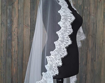 Lace veil with chantilly lace veil Mantilla veil in lace trim veil Wedding veil sequins mantilla lace veil Ivory lace cathedral veil