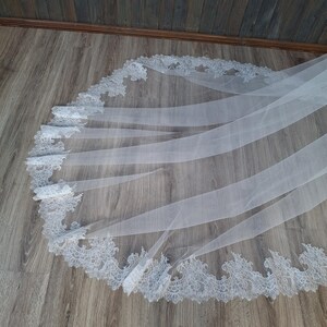 May include: A white bridal veil with a delicate lace trim. The veil is made of soft tulle and has a flowing, elegant design.