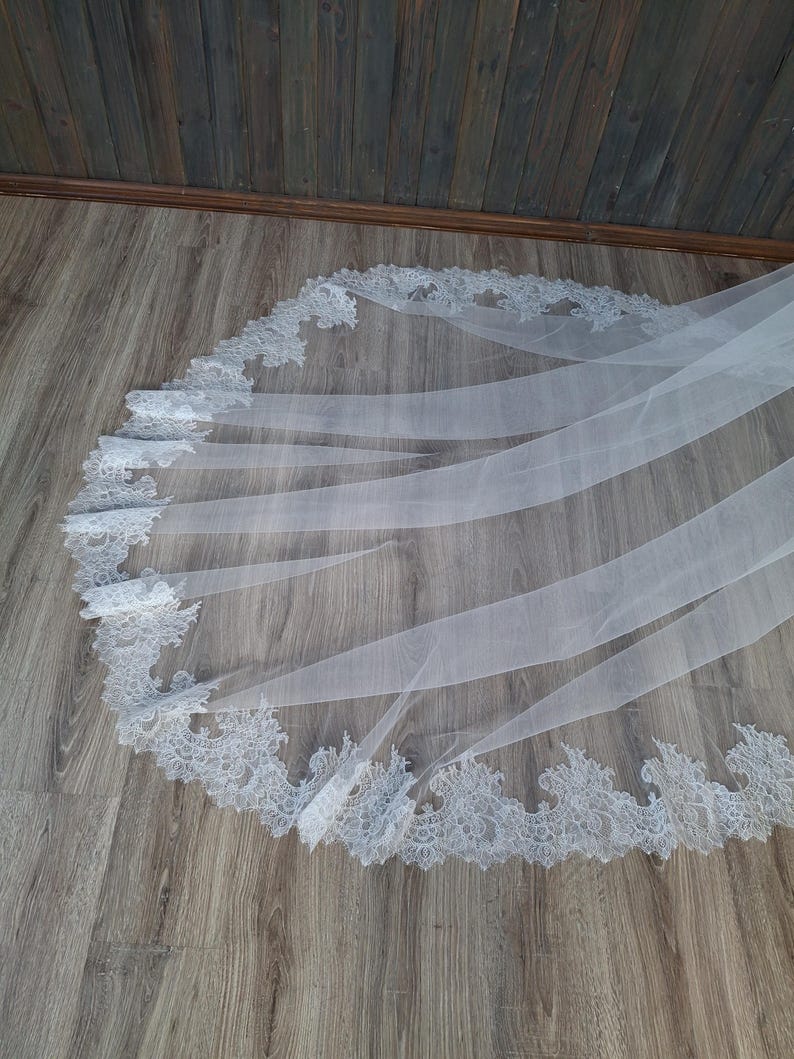 May include: A white bridal veil with a delicate lace trim. The veil is made of soft tulle and has a flowing, elegant design.
