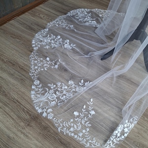 Сathedral veil with twig flowers veil embroidered floral veil Wildflower bridal veil with unique design сustom Waltz floral wedding veil