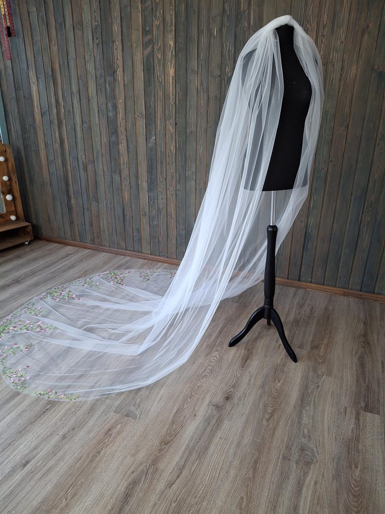 Vibrant bridal veil wild flowers embroidered floral veil wildflower Colorful fine veil Flowery Cathedral custom length veils from Ukraine image 9