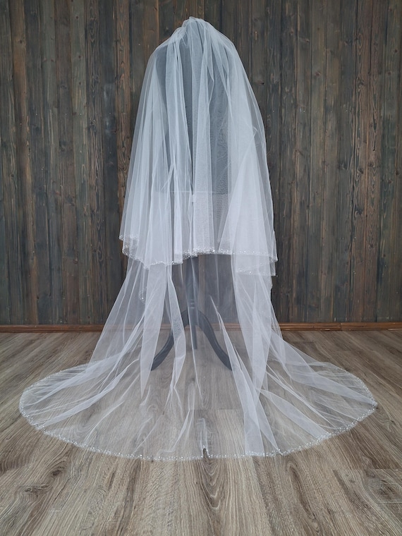 Blusher Veil With Beaded Trim Pearl Edge Two Tier Wedding  display picture 1