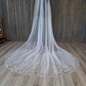 Vibrant bridal veil wild flowers embroidered floral veil wildflower Colorful fine veil Flowery Cathedral custom length veils from Ukraine image 5