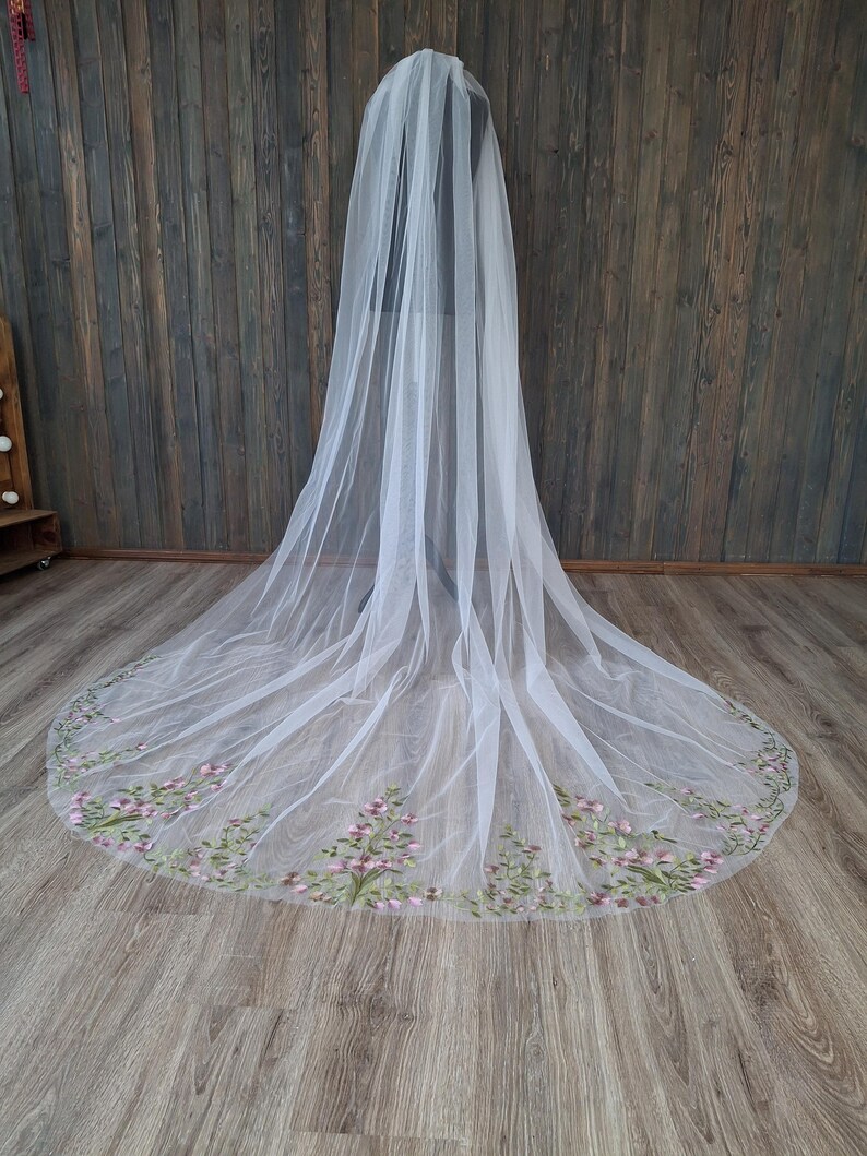 Vibrant bridal veil wild flowers embroidered floral veil wildflower Colorful fine veil Flowery Cathedral custom length veils from Ukraine image 5