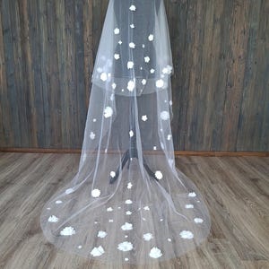 Veil with blusher floral veil trim Blusher veil floor length veil Wedding veil with 3d flowers Two tier veil ivory bridal veil beach veil