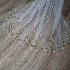 Vibrant bridal veil wild flowers embroidered floral veil wildflower Colorful fine veil Flowery Cathedral custom length veils from Ukraine image 2